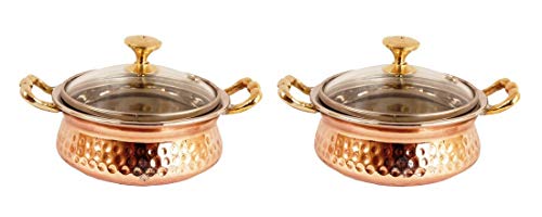 CopperStudio 3.0" X 5.0" X 2.0" Handmade Stainless Steel Copper Casserole Dish Serving Indian Food Daal Curry Set of 2 Handi Bowl With Glass Tumbler Lid Capacity 400 ML for use Restaurant Gift Item