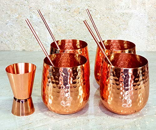 CopperStudio Moscow Mule Copper Mugs - Set of 4-100% Handcrafted - Food Safe Pure Solid Copper Mugs Cocktail Copper Straws and Jigger!