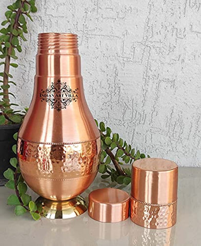 CopperStudio Pure Copper Half Hammered with Brass Bottom Water Bottle with Inbuilt Glass - 950 ml