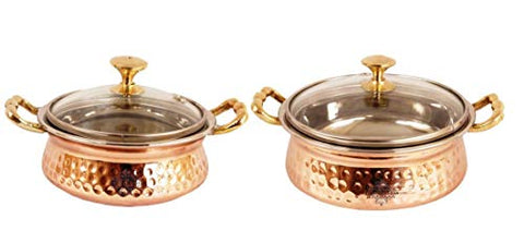 CopperStudio Handmade Steel Copper Casserole Dish Serving Set of 2 Handi Bowl with Glass Lid (Brown, Silver)