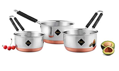 CopperStudio Stainless Steel Copper Bottom Saucepans with lids, Flat Base Sauce Pan, Tea Pan, Milk Pan, Tapeli Patila, Sauce Pot Cookware with lids Combo Set of 3