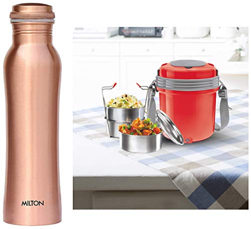CopperStudio Stainless Steel Tiffin Box Set, 360ml/158mm, Set of 3, Red & Copperas 1000 Copper Bottle, 920 ml, 1 Piece, Copper Combo